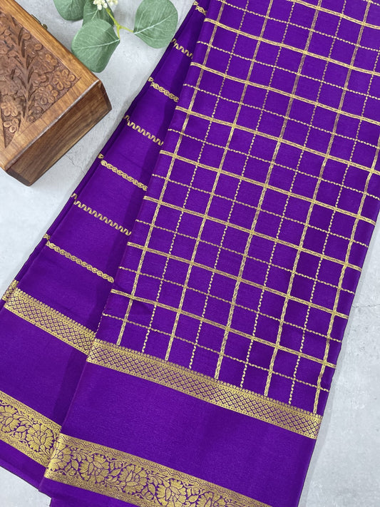 Purple Checks N Lines Pure Mysore Crepe Silk Saree