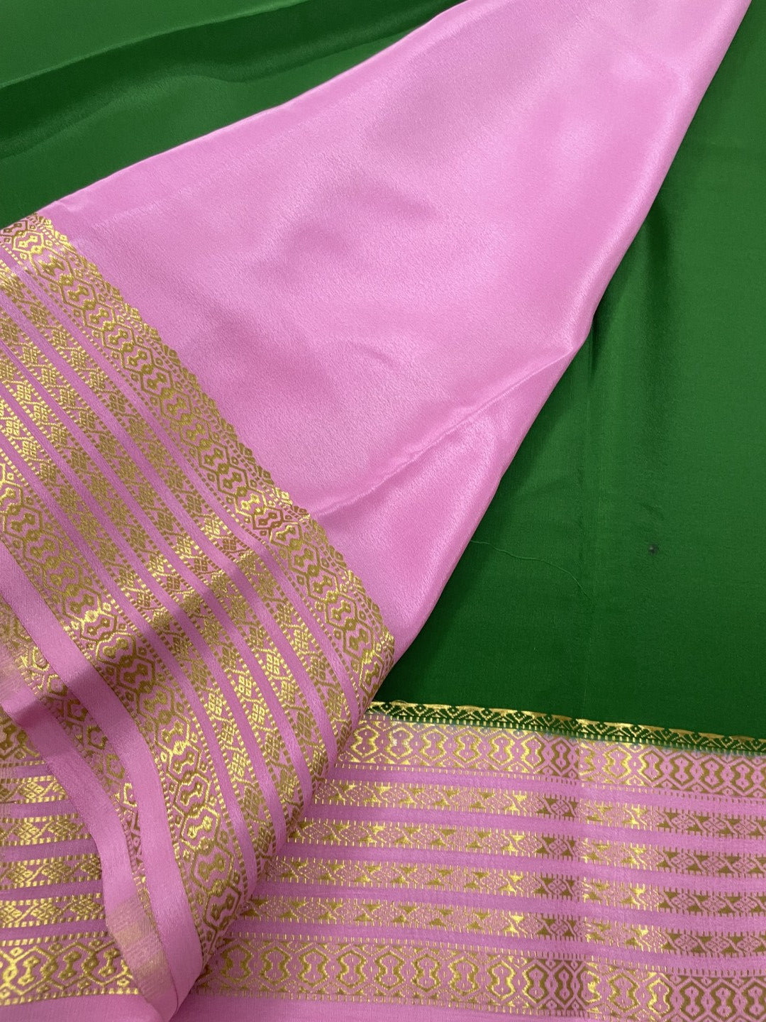 Green N Baby Pink Pure Mysore Crepe Silk Saree