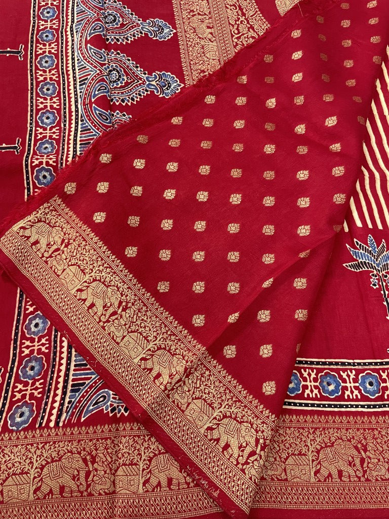 Red Stripe Tree Ajrakh Dola Silk Saree