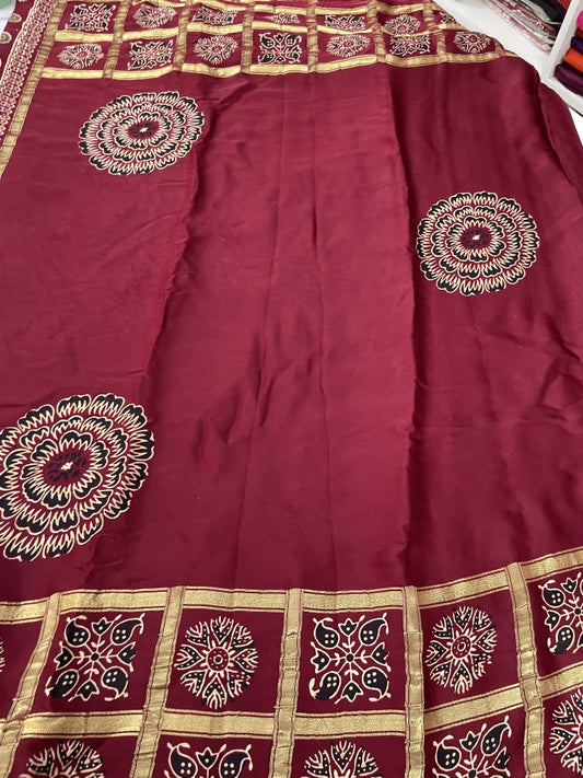 Maroon Gharchola Ajrakh Pure Modal Silk Saree