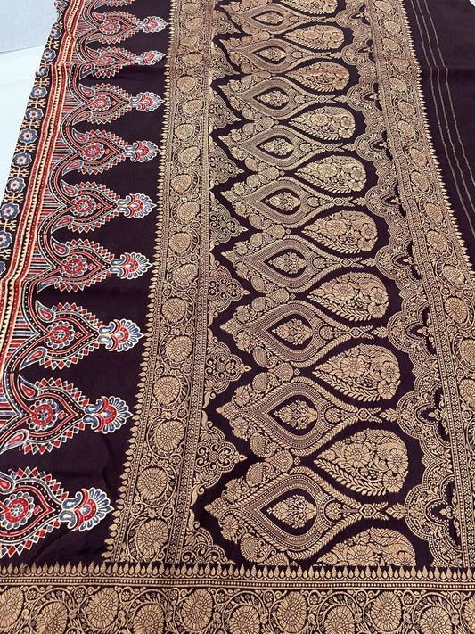 Brown Stripe Tree Ajrakh Dola Silk Saree