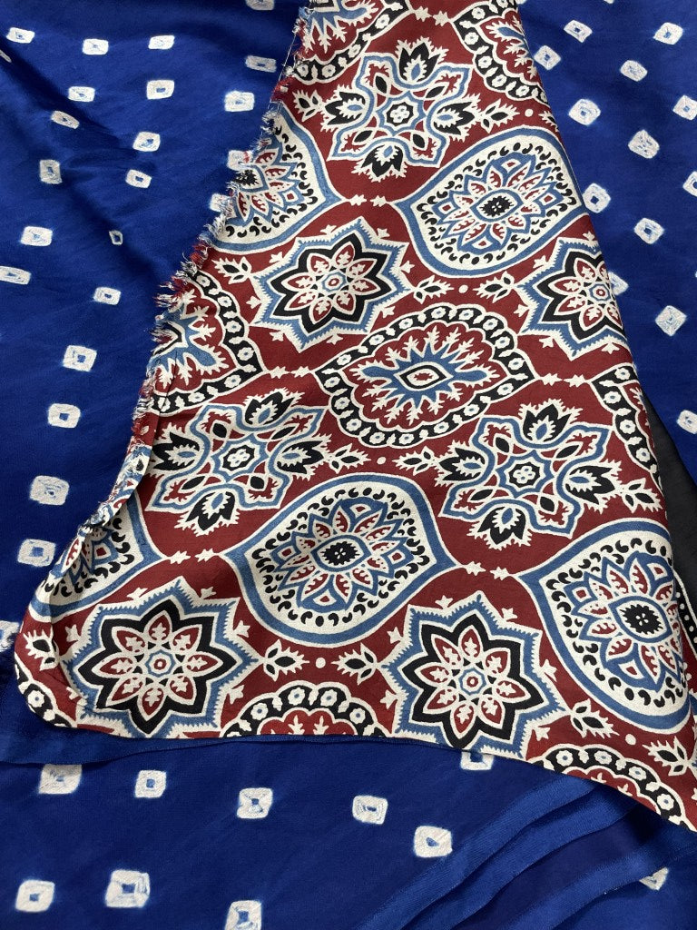 Blue Bandhini Ajrakh Pure Modal Silk Saree
