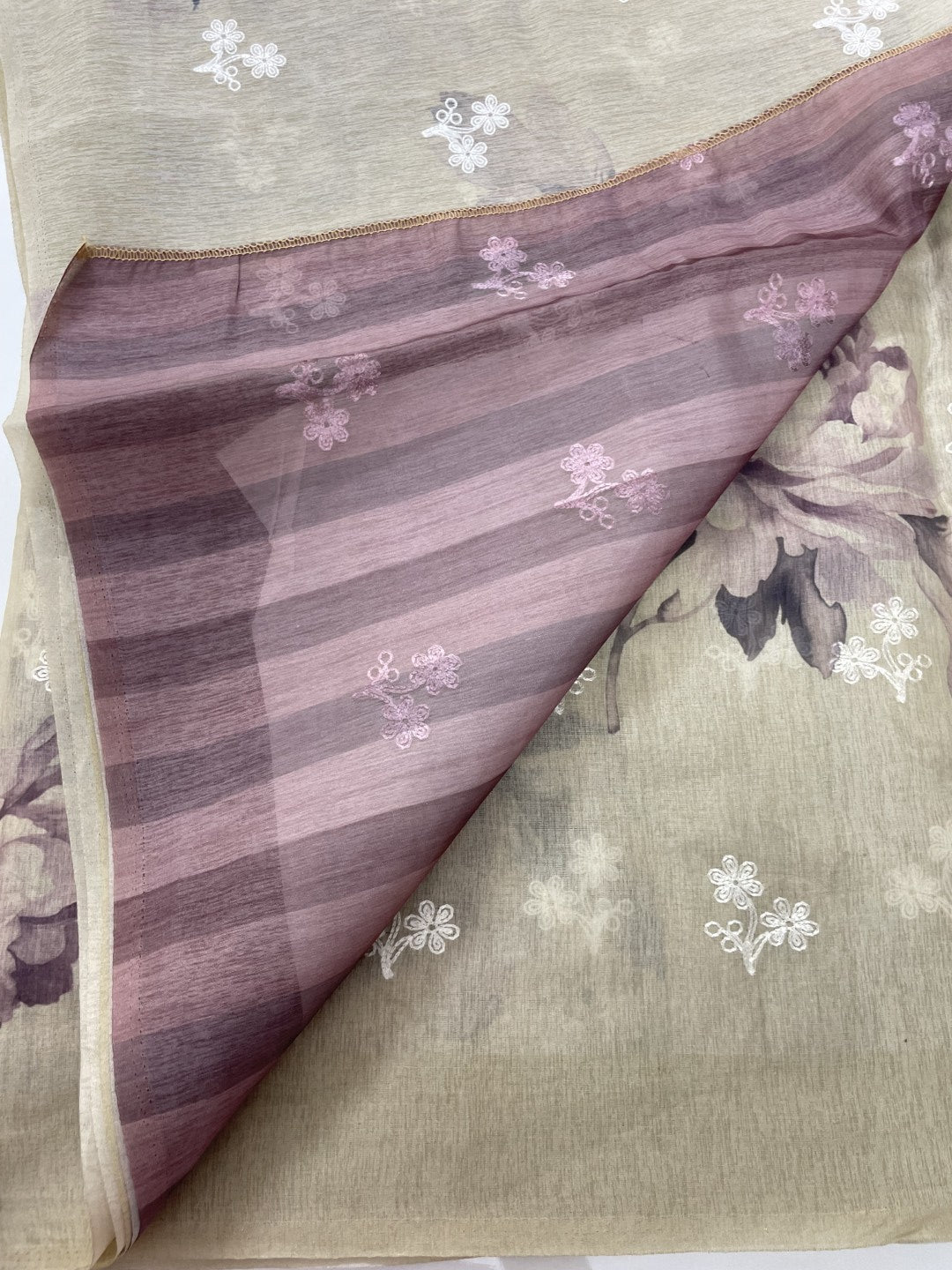 Cream Printed Embroidery Soft Organza Saree