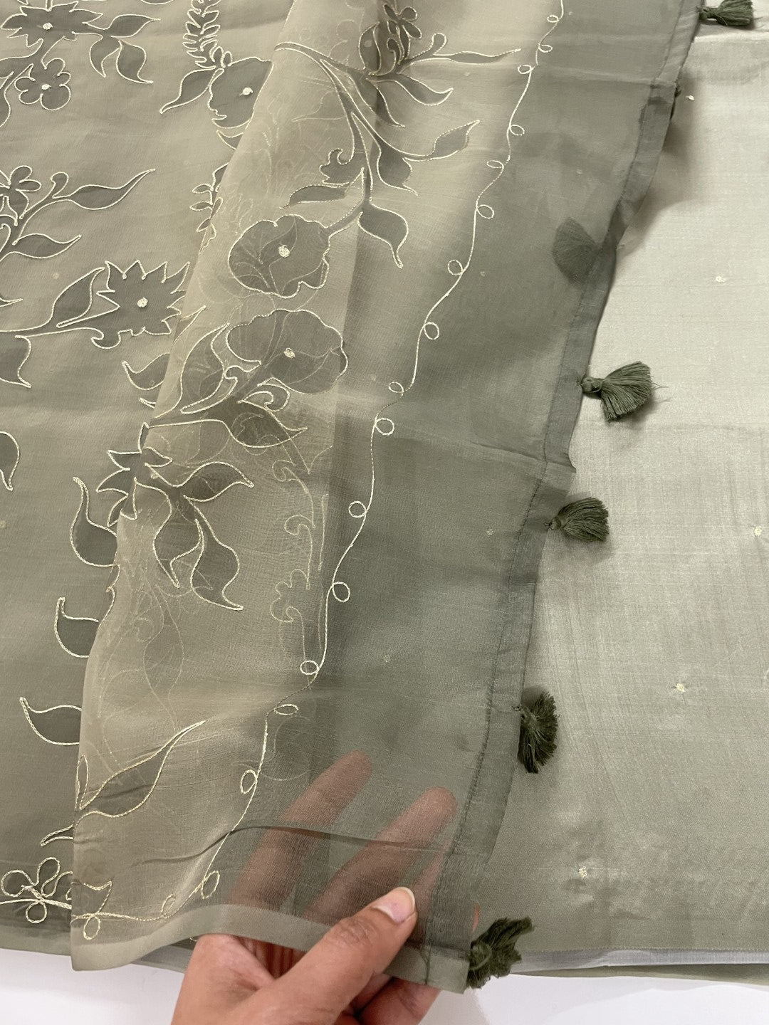 Olive Green Printed Zari Highlight Organza Saree