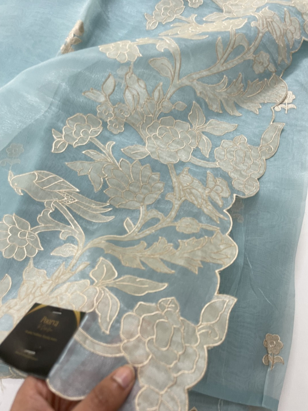 Patel Blue Applique Soft Organza Saree