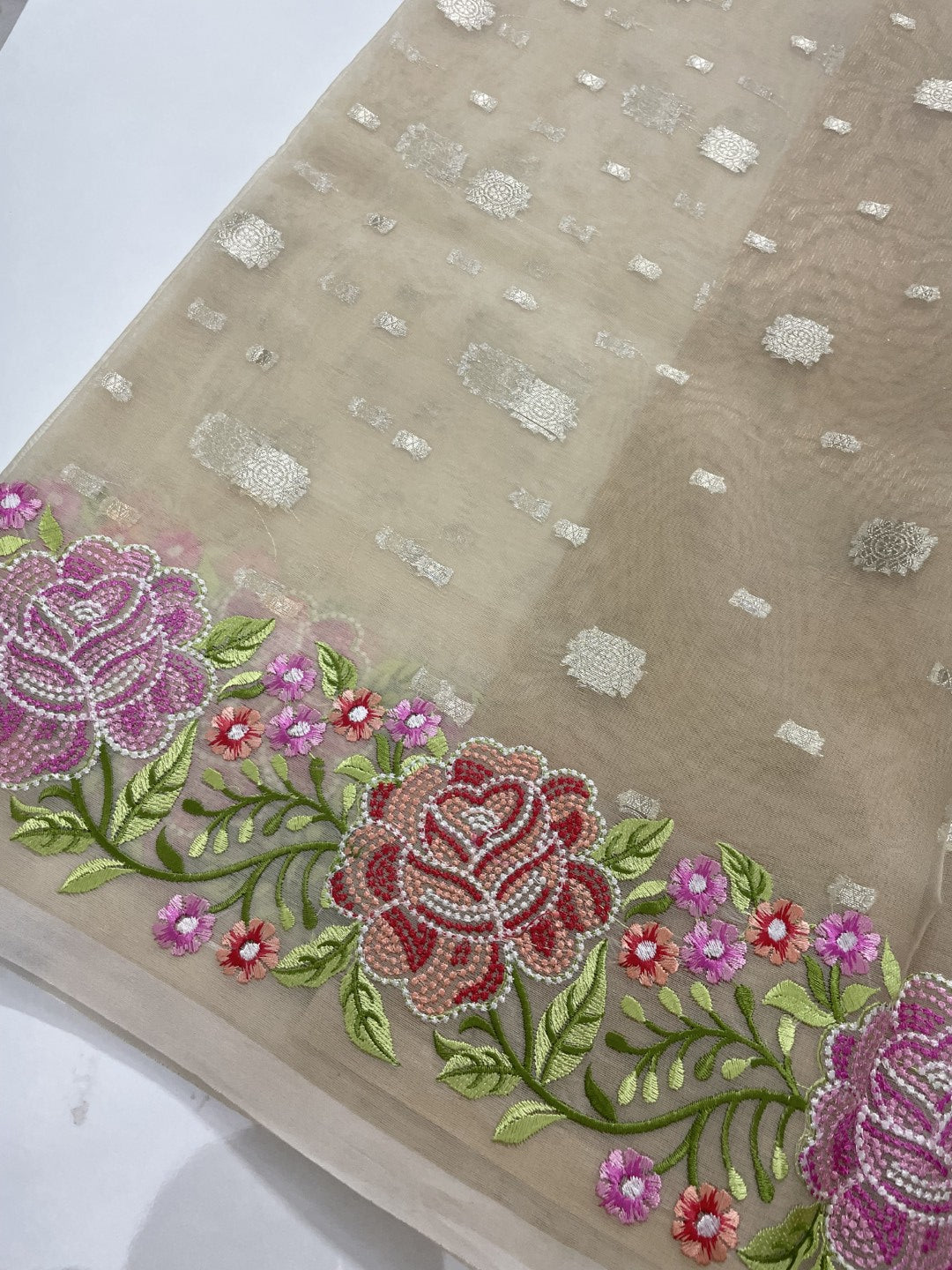 Beige Embroidered Organza Saree