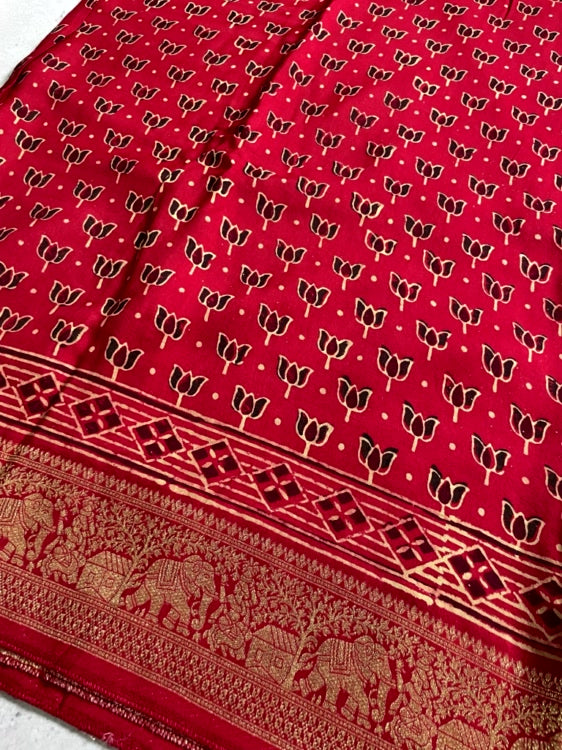 Red Lotus Ajrakh Handblock Dola Silk Saree