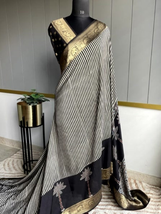 Black Tree Ajrakh Handblock Dola Silk Saree