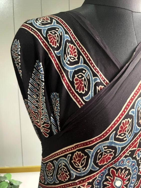 Black Mirror Ajrakh Badam Pure Modal Silk Saree