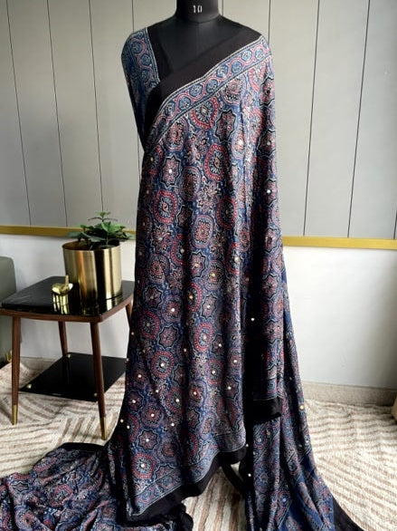 Blue Mirror Ajrakh Badam Pure Modal Silk Saree