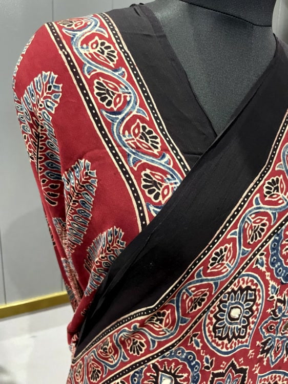 Red Mirror Ajrakh Badam Pure Modal Silk Saree