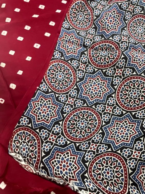 Maroon Bandhini Ajrakh Pure Modal Silk Saree