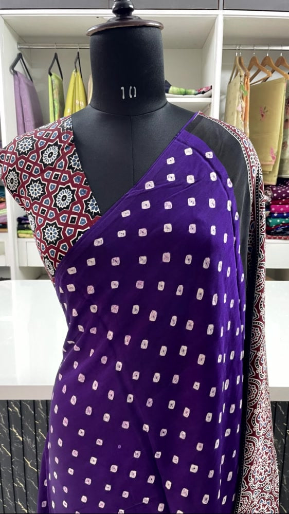 Purple 02 Bandhini Ajrakh Pure Modal Silk Saree