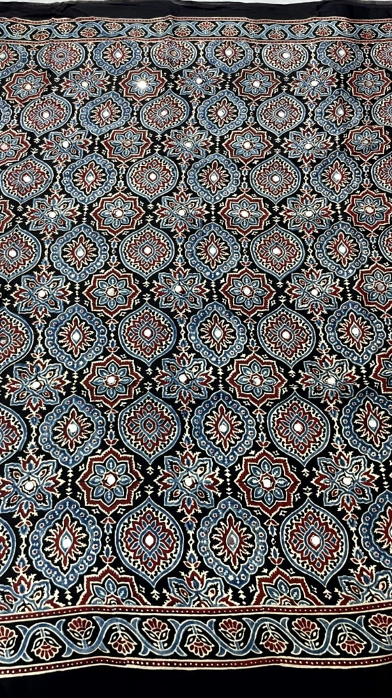 Black Mirror Ajrakh Badam Pure Modal Silk Saree