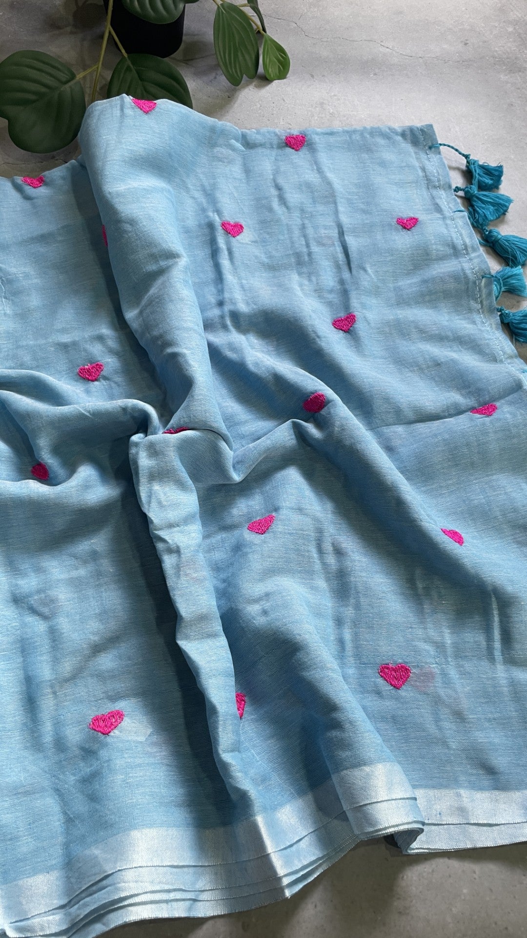 Blue Heart Embroidery Mul Cotton Saree