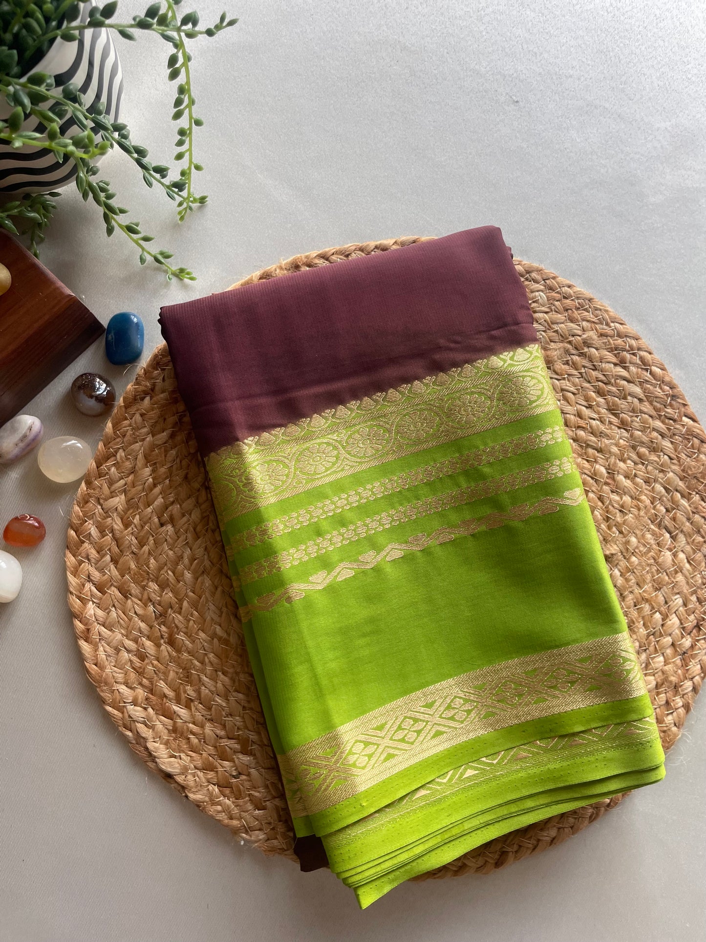 Coffee Brown and Green Semi Mysore Silk Saree