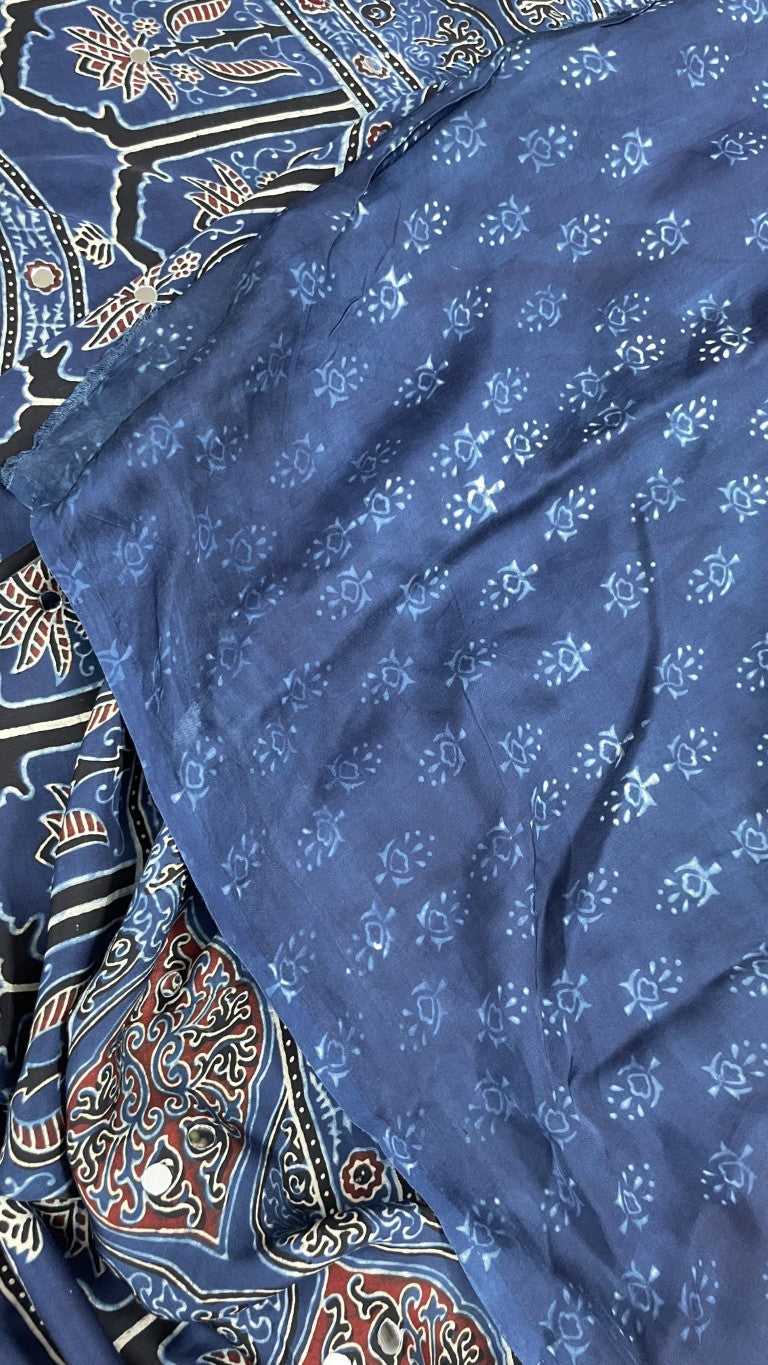 Blue Polka Block Print Mirror Modal Saree