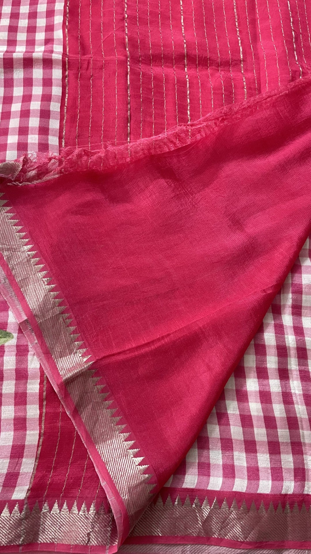 Pink Checks Printed Pure Mangalgiri Silk Saree