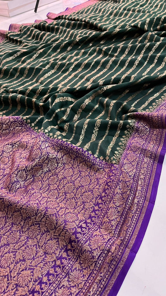 Green N Purple Stripes Banarasi Pure Crepe Chiffon Saree