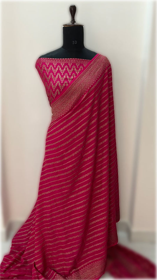 Pink Stripes Banarasi Pure Crepe Chiffon Saree