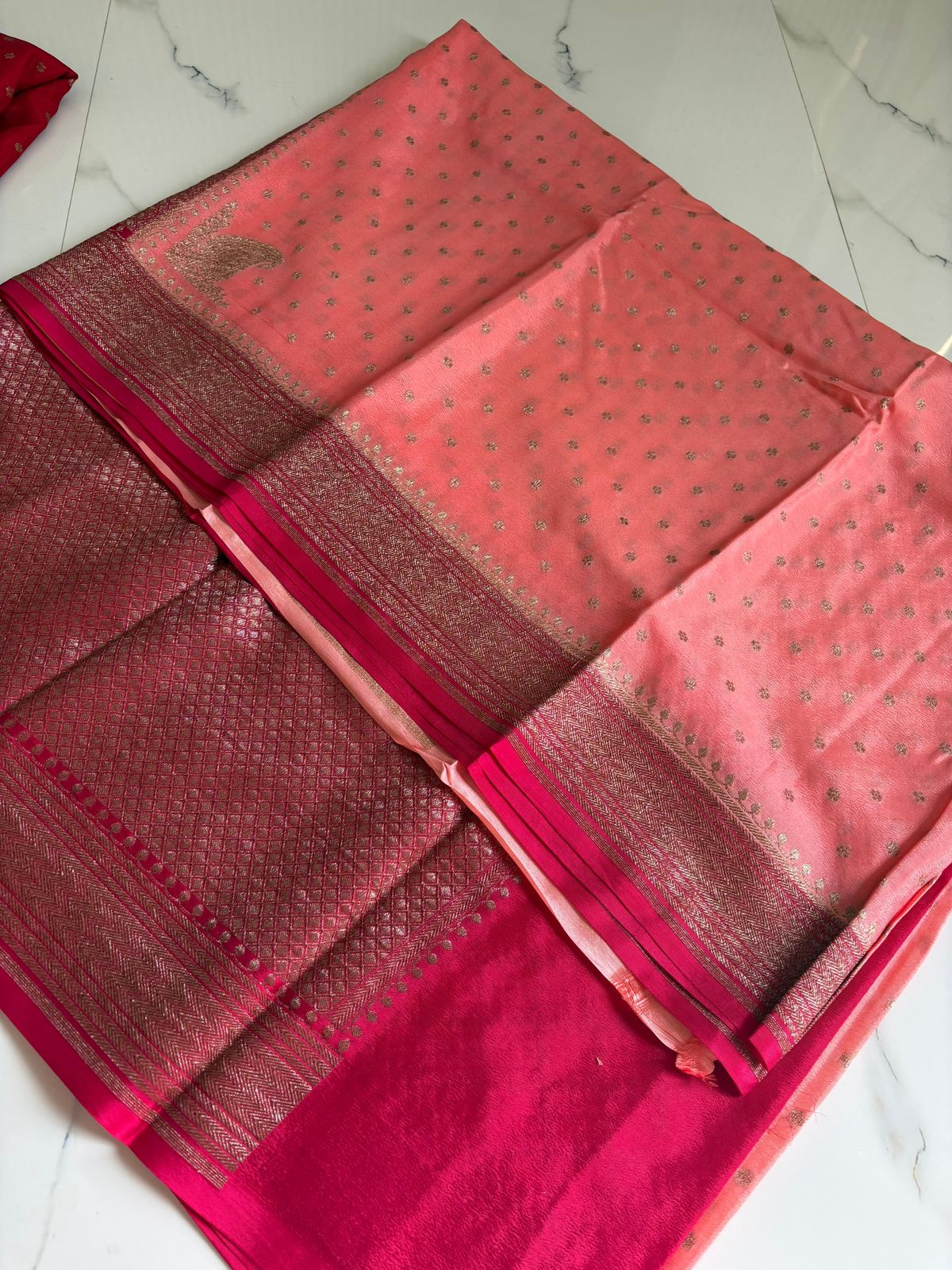 Peach N Pink Koniya Banarasi Pure Crepe Chiffon Saree
