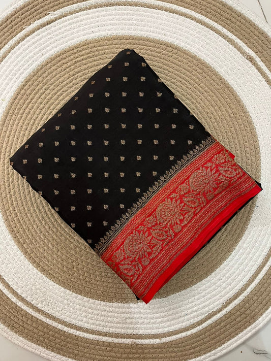 Black N Red Banarasi Pure Crepe Chiffon Saree