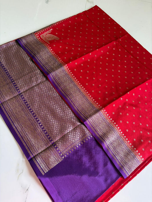 Red N Purple Koniya Banarasi Pure Crepe Chiffon Saree