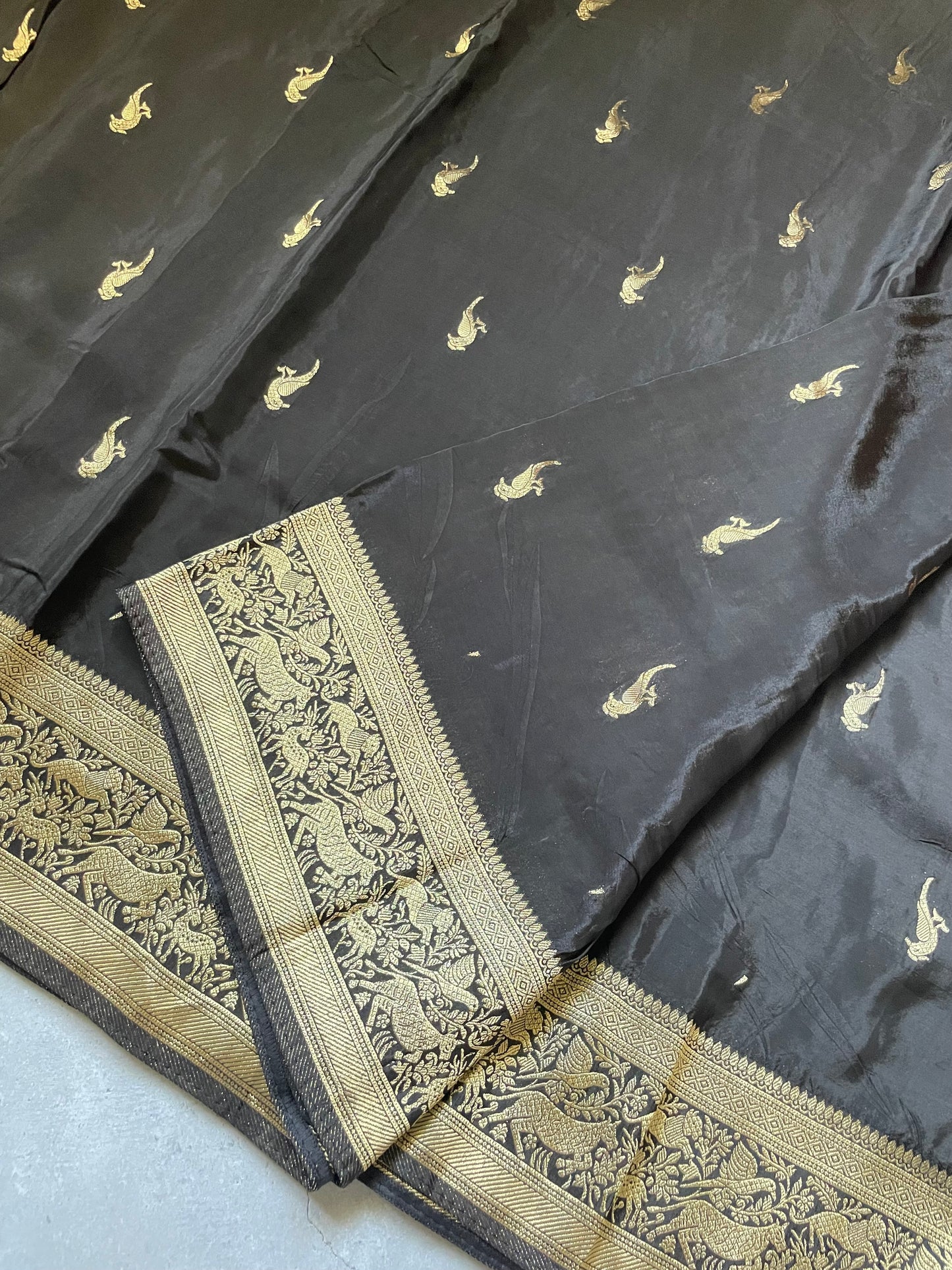 Black N Yellow Satin Crepe(01) Silk Saree