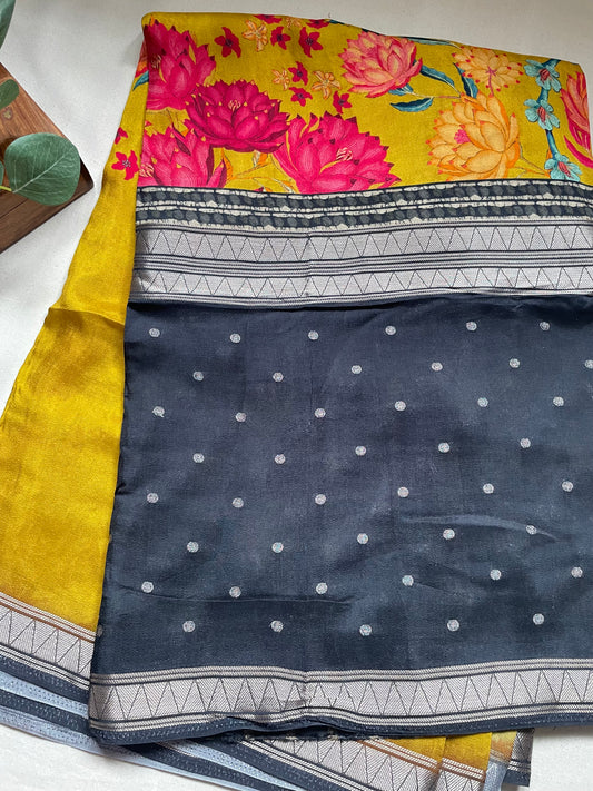 Yellow Printed Viscose Crepe Saree