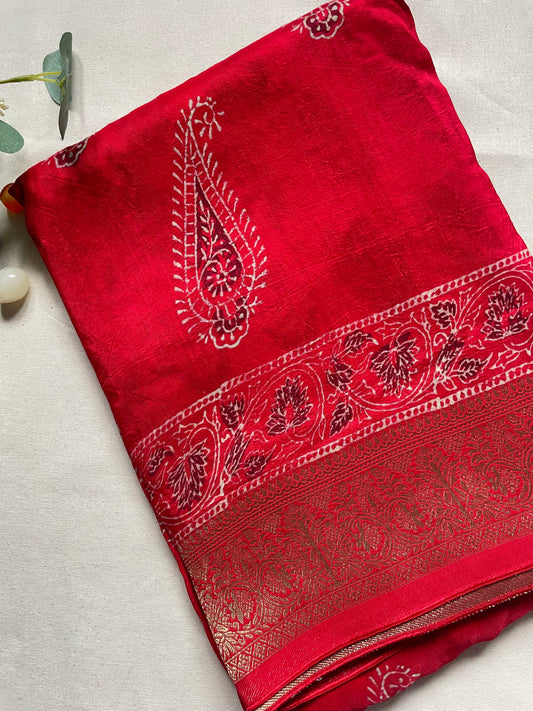 Red Ajrakh Dola Silk Saree