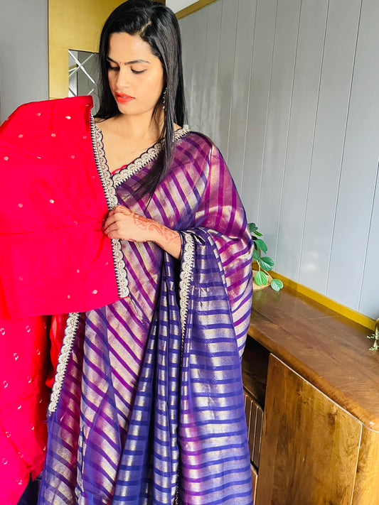 Purple Stripe Lace border Tissue Saree