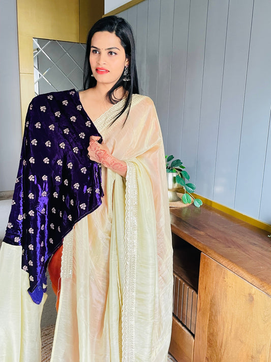 Off White border Lace Tissue Saree