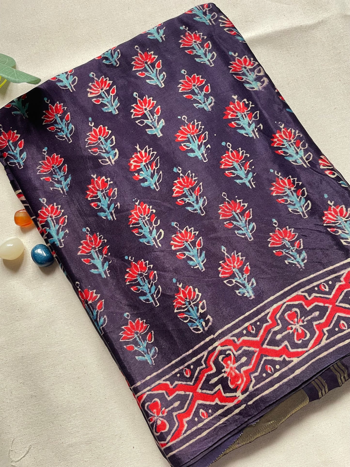 Navy Ajrakh Floral Zari Pallu Modal Silk Saree