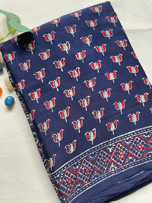 Navy Ajrakh Lotus  Zari Pallu Modal Silk Saree