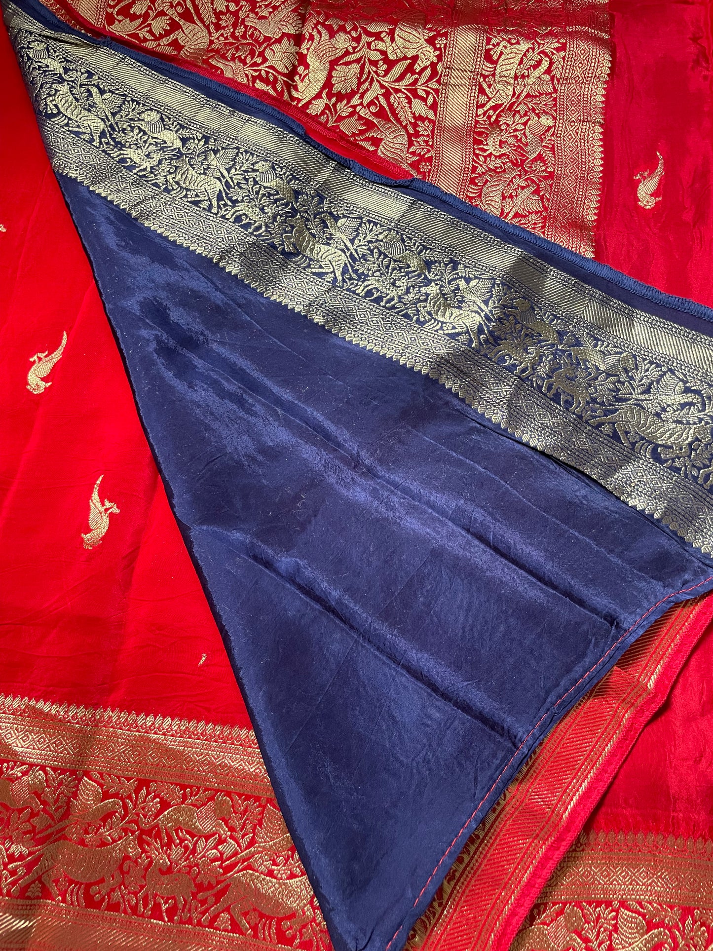 Red N Blue Satin Crepe(01) Silk Saree