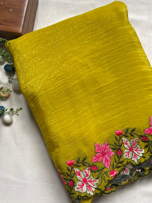 Yellow Crushed Tissue Saree