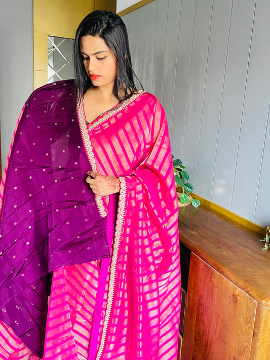 Wine Stripe Lace border Tissue Saree
