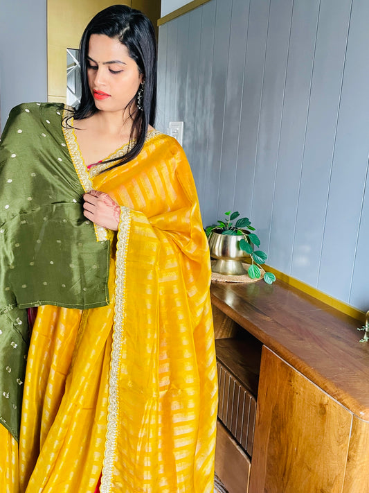 Yellow Stripe Lace border Tissue Saree