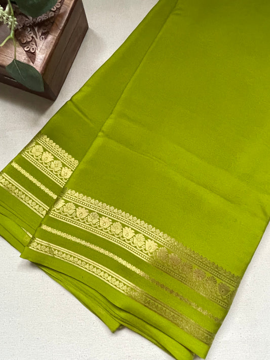 Green Floral Border Pure Mysore Crepe Silk Saree