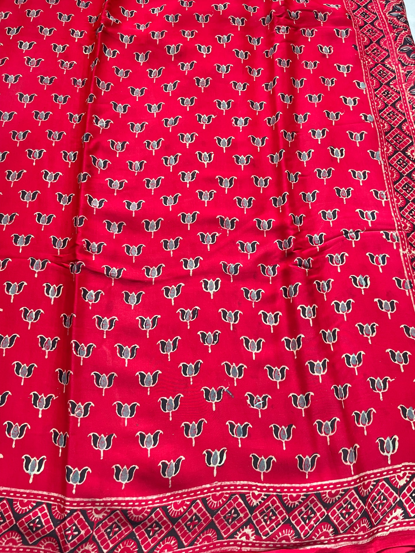 Red Ajrakh Lotus Modal Silk Saree