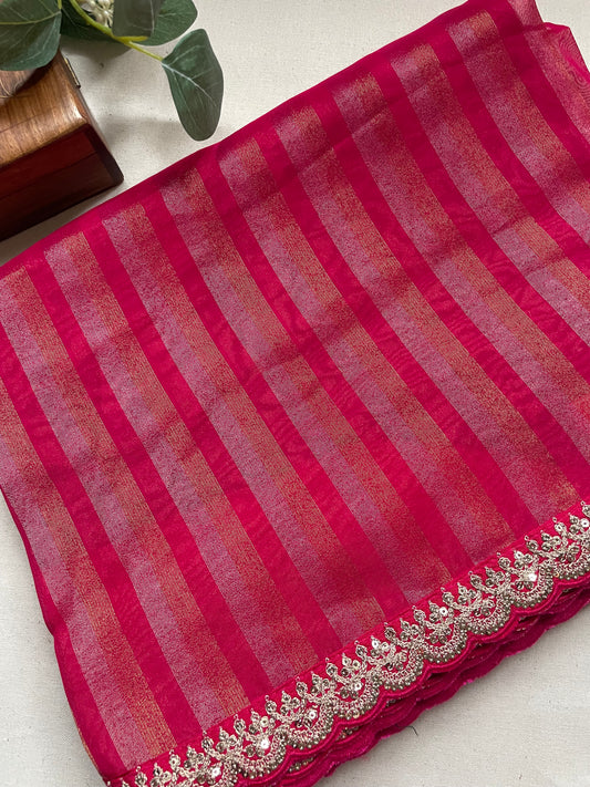 Pink Stripe Lace border Tissue Saree