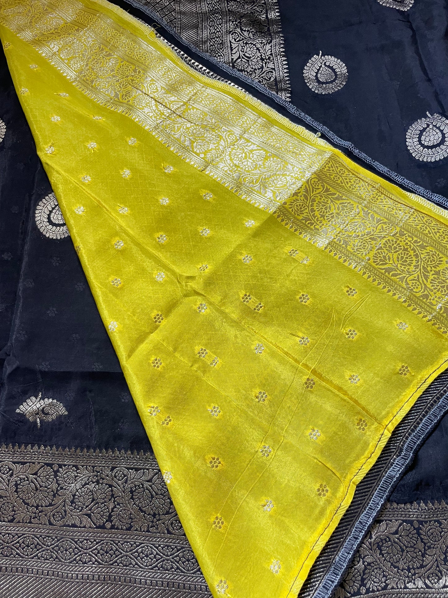 Black N Yellow Satin Crepe(02) Silk Saree