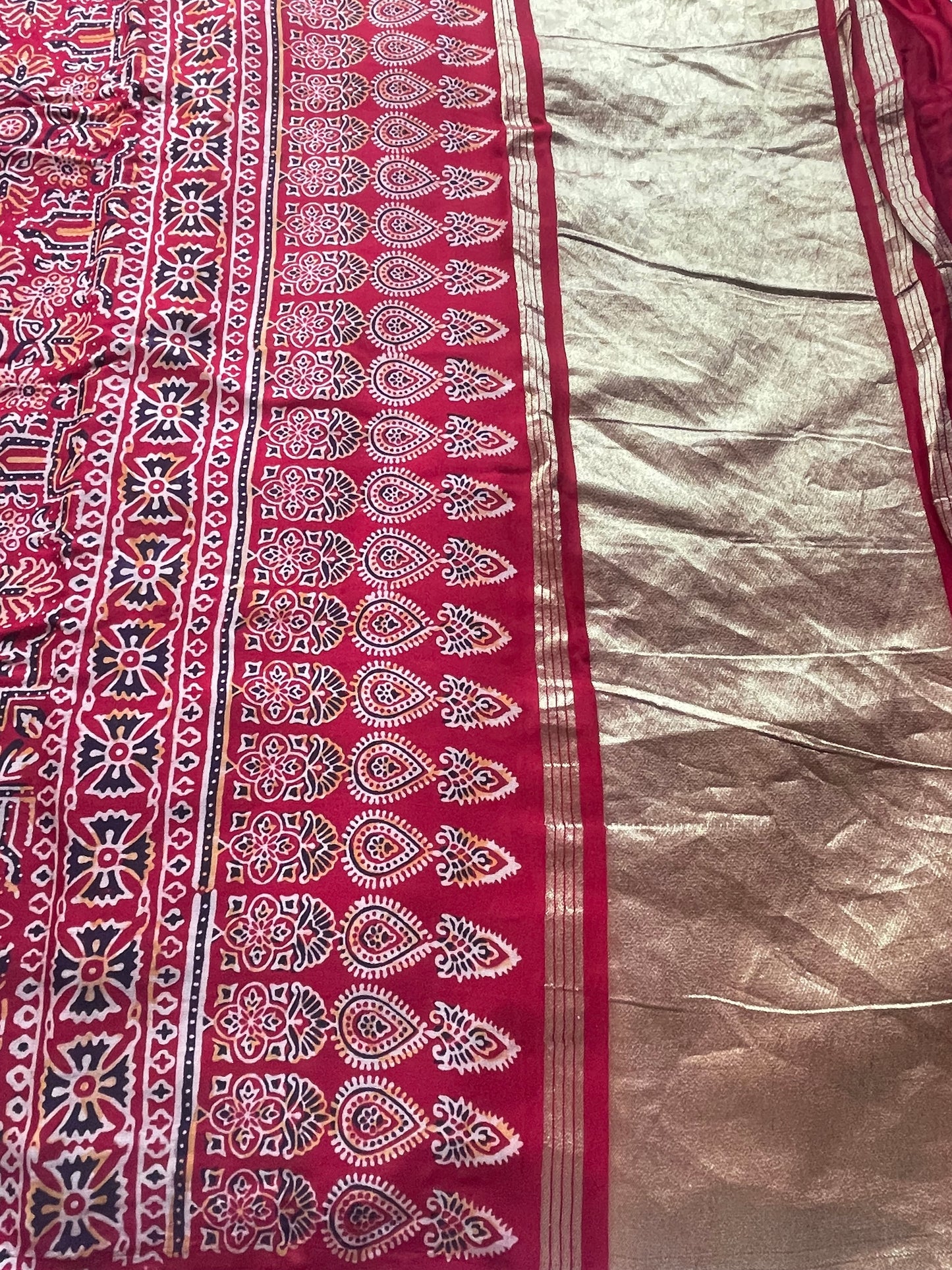 Red Ajrakh Gharchola Modal Silk Saree