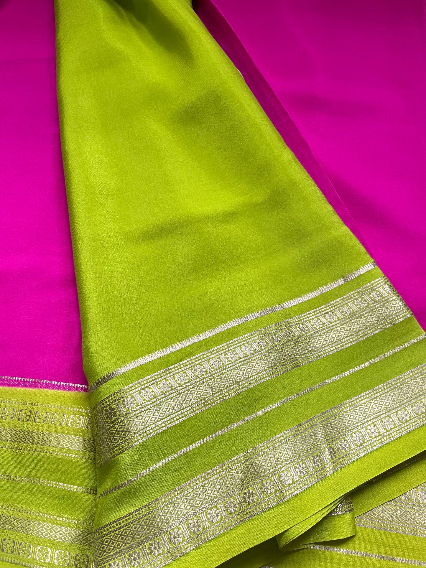 Pink N Green Bentex Pure Mysore Crepe Silk Saree