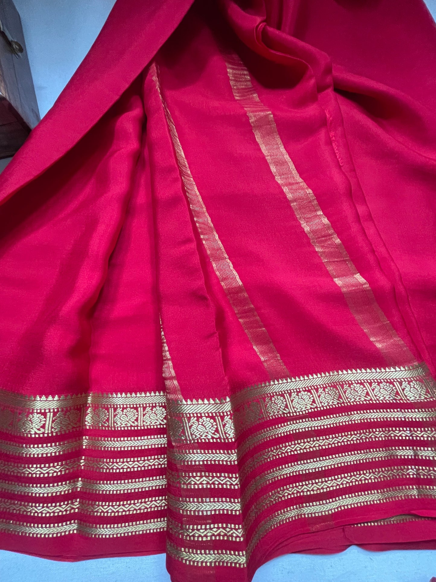 Red Peacock Pure Mysore Crepe Silk Saree
