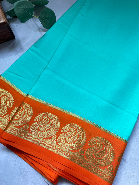 Sea Green N Orange Big Mango Pure Mysore Crepe Silk Saree