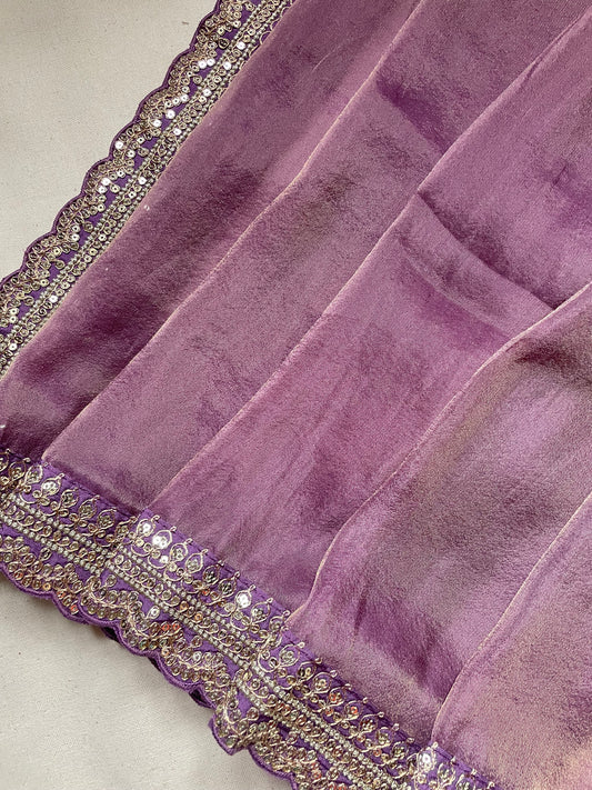 Purple Lace border Tissue Saree