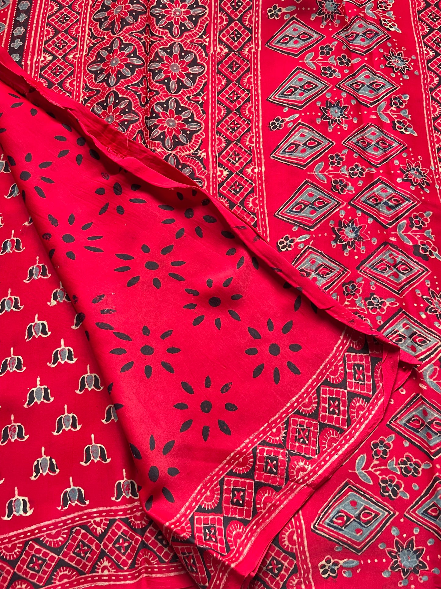 Red Ajrakh Lotus Modal Silk Saree