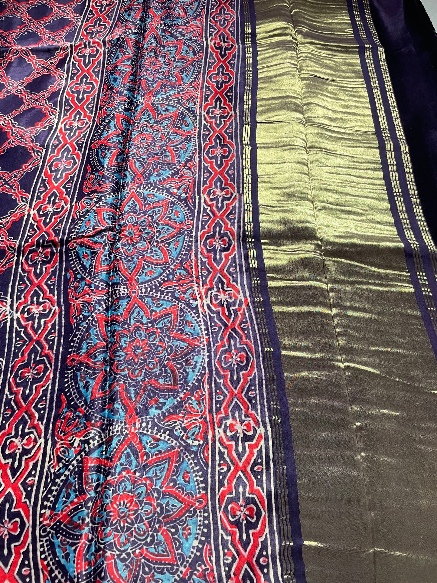 Navy Ajrakh Floral Zari Pallu Modal Silk Saree