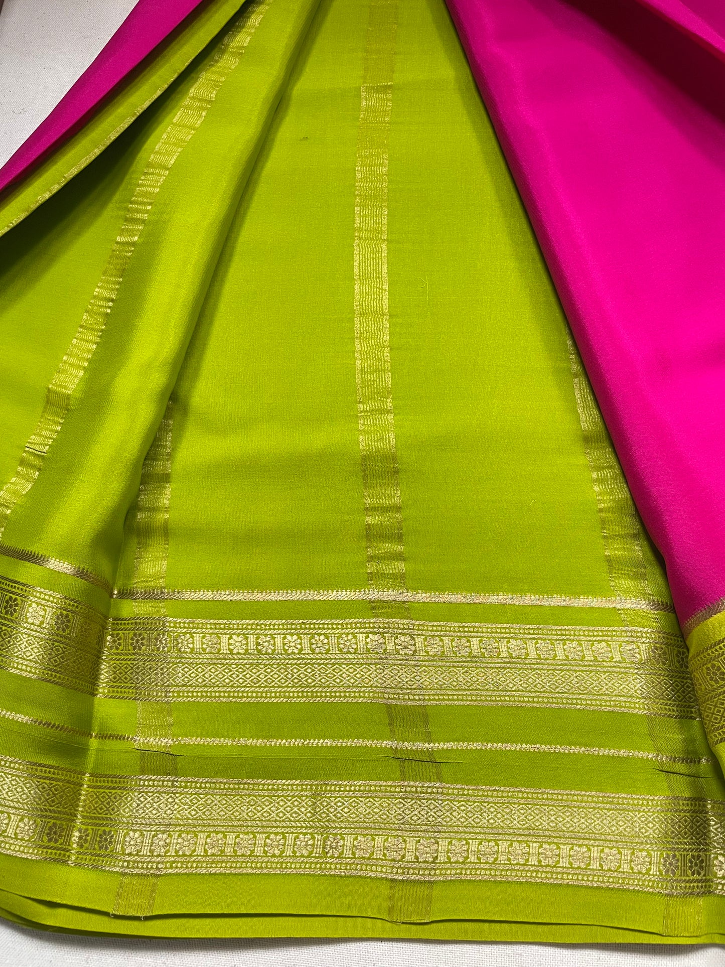 Pink N Green Bentex Pure Mysore Crepe Silk Saree